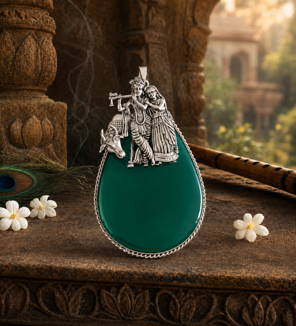 Sterling Silver Radha Krishna Green Onyx Pendant