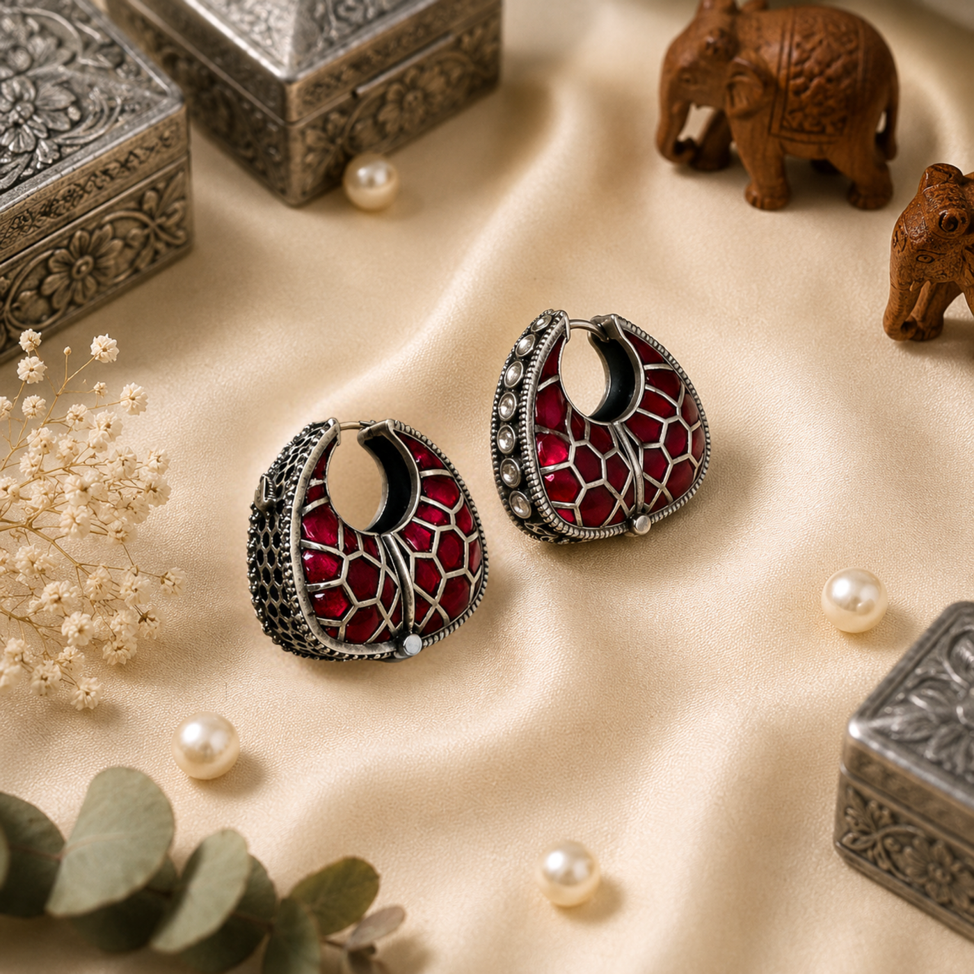 Sterling Silver Red Green Loop Earrings