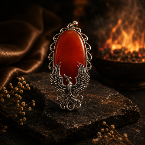 Sterling Silver Rising Phoenix Red Carnelian Pendant, handcrafted 92.5% sterling silver jewellery by Silver Play