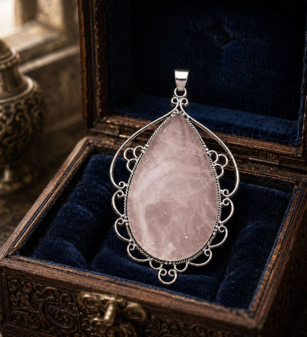 Sterling Silver Rose Quartz Scrollwork Pendant