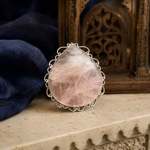 Sterling Silver Rose Quartz Teardrop Filigree Pendant