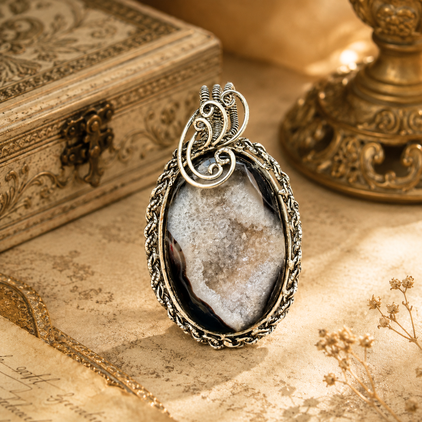 Sterling Silver Sankat Kavach Black Druzy Pendant