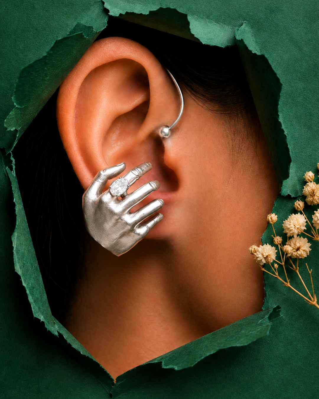 Sterling Silver Sculpted Hand Statement Earring
