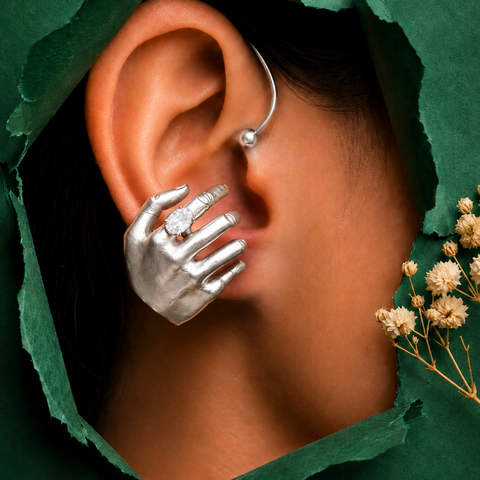 Sterling Silver Sculpted Hand Statement Earring