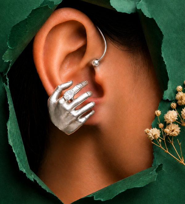 Sterling Silver Sculpted Hand Statement Earring