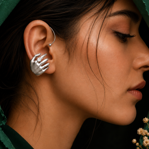 Sterling Silver Sculpted Hand Statement Earring