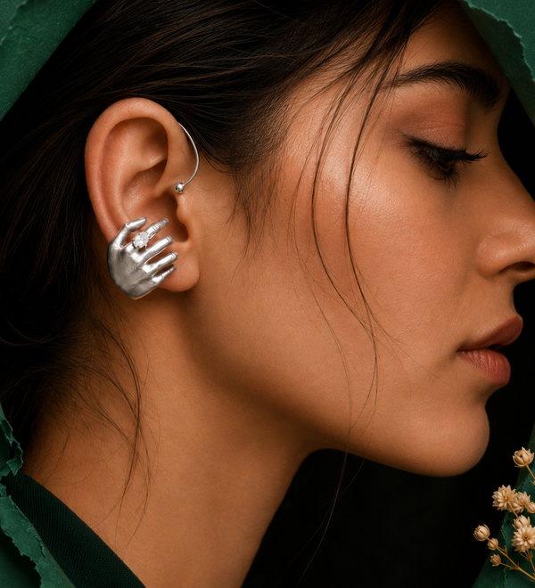 Sterling Silver Sculpted Hand Statement Earring