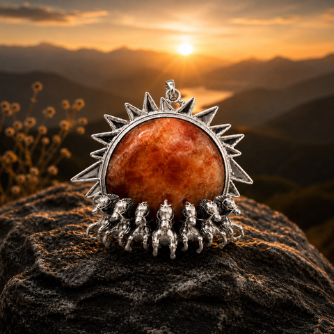 Sterling Silver Seven Horses Rising Sun Pendant