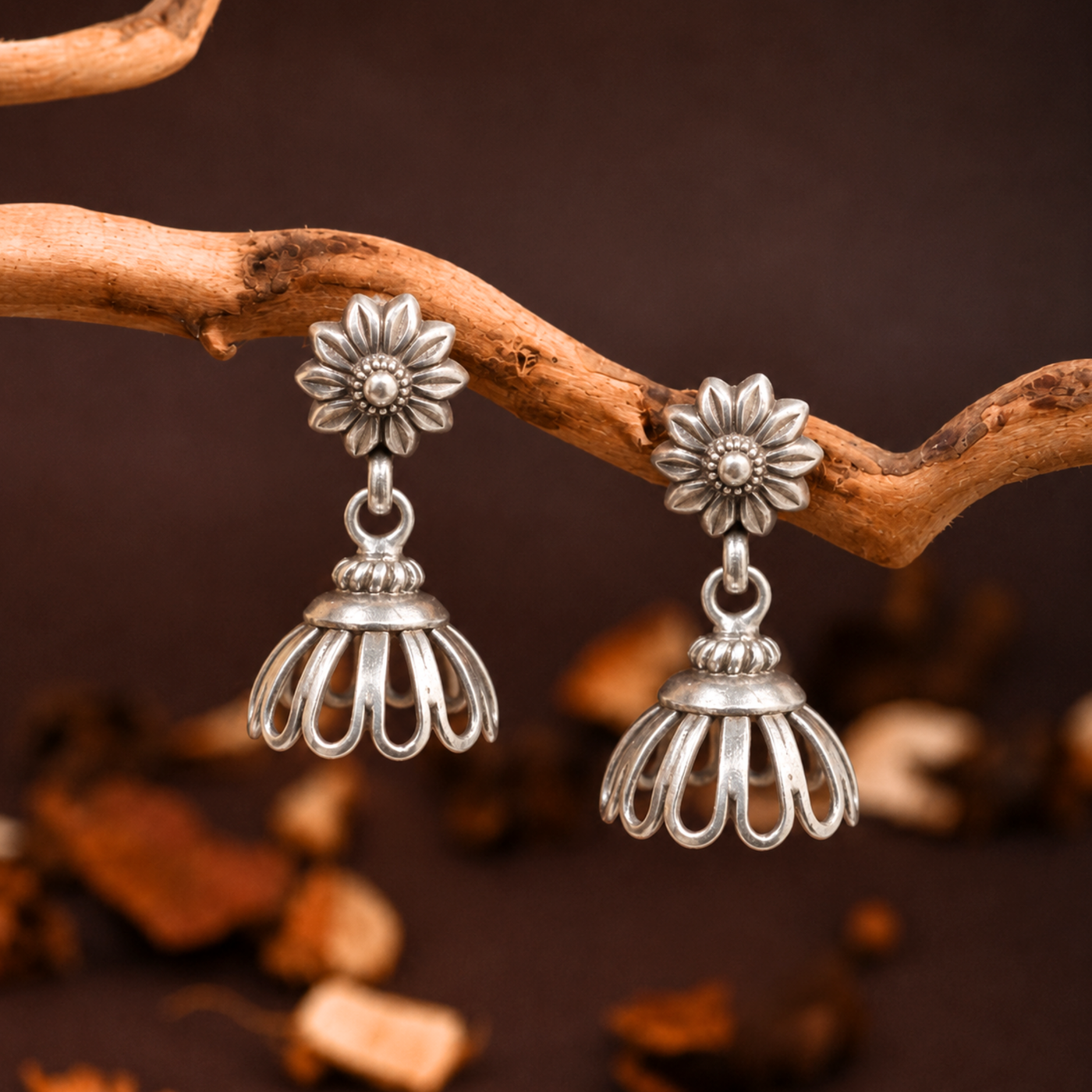 Sterling Silver Sunflower Cage Jhumka Earrings