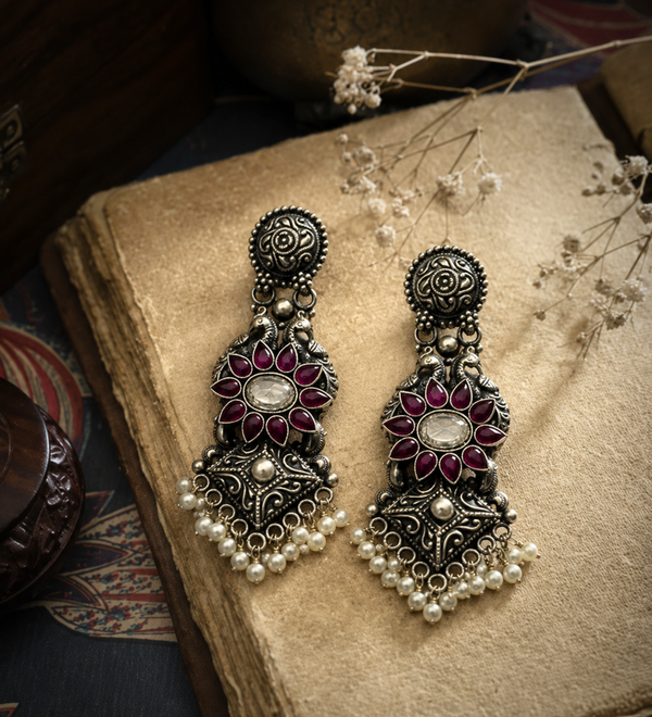 Sterling Silver Thewa Meenakari Heritage Earrings
