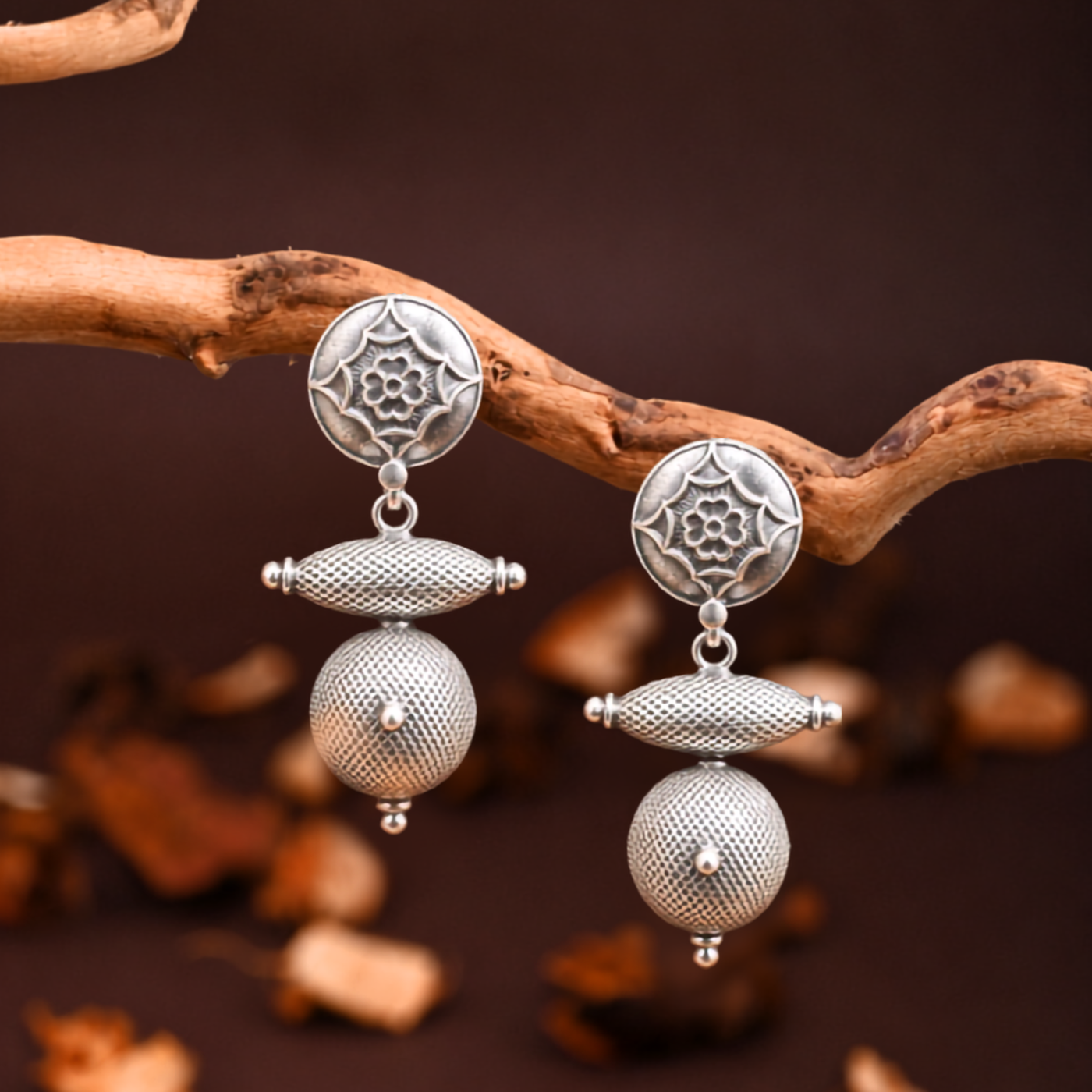 Sterling Silver Tribal Bead Drop Earrings