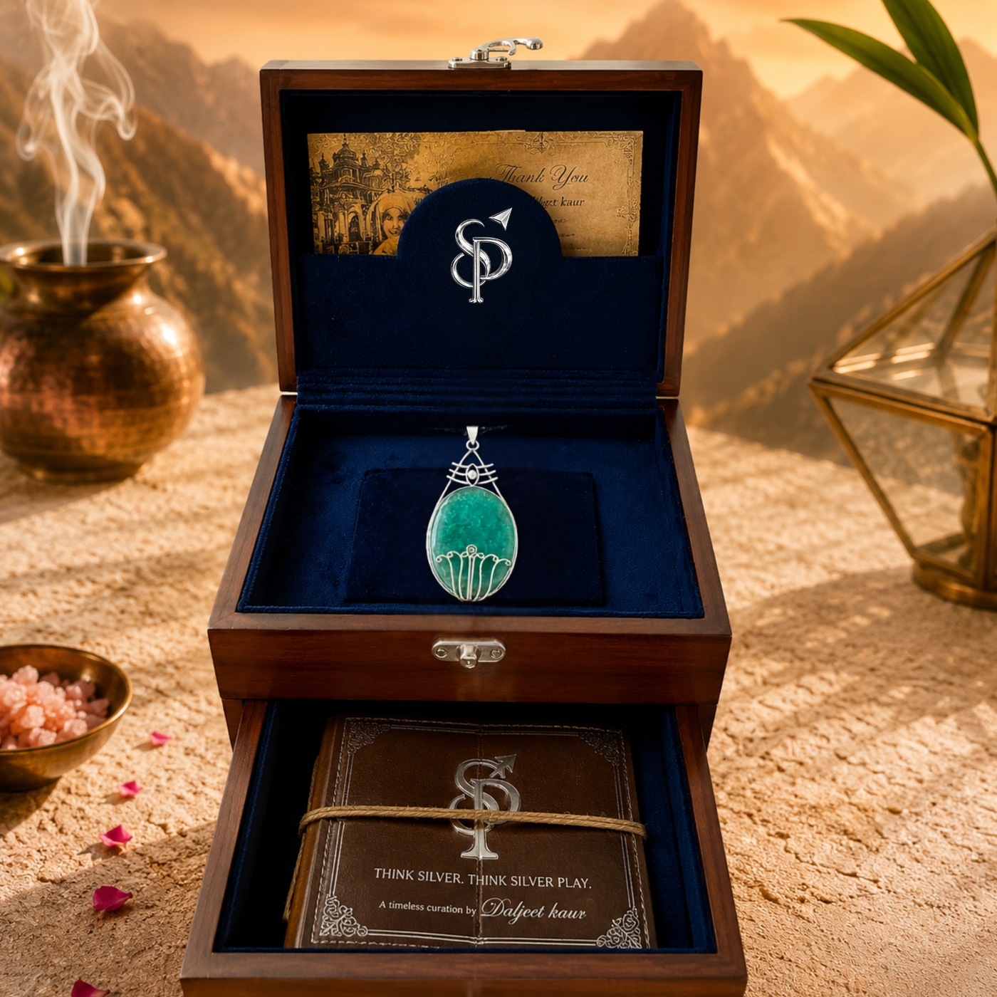 Sterling Silver Trinetra Green Aventurine Pendant, handcrafted 92.5% sterling silver jewellery by Silver Play