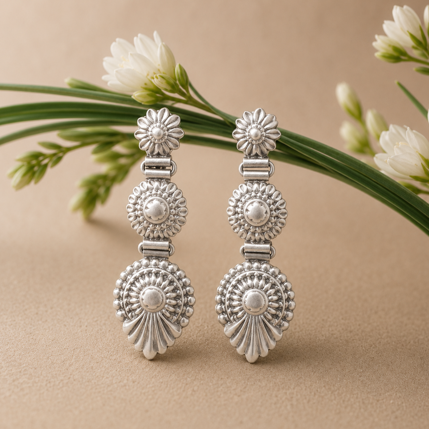 Sterling Silver Triple Rosette Drop Earrings