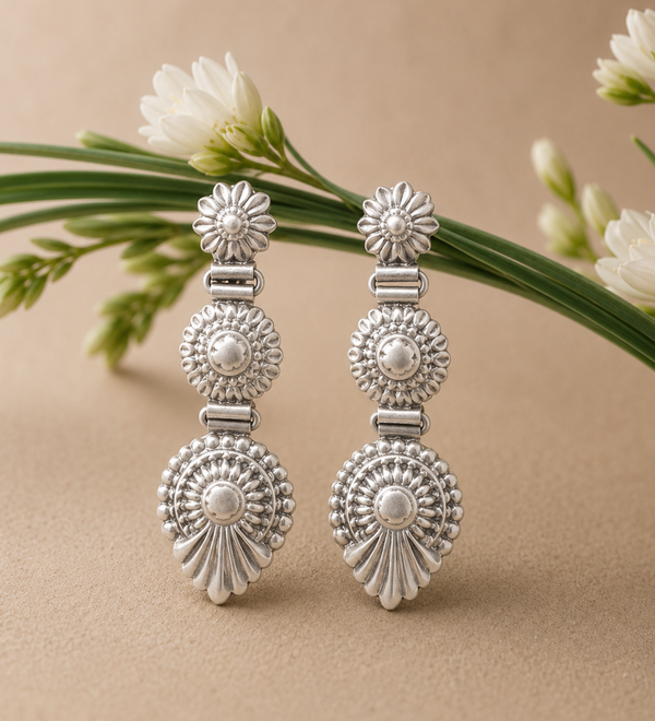 Sterling Silver Triple Rosette Drop Earrings