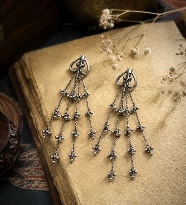 Sterling Silver Trishul Ghungroo Tassel Earrings