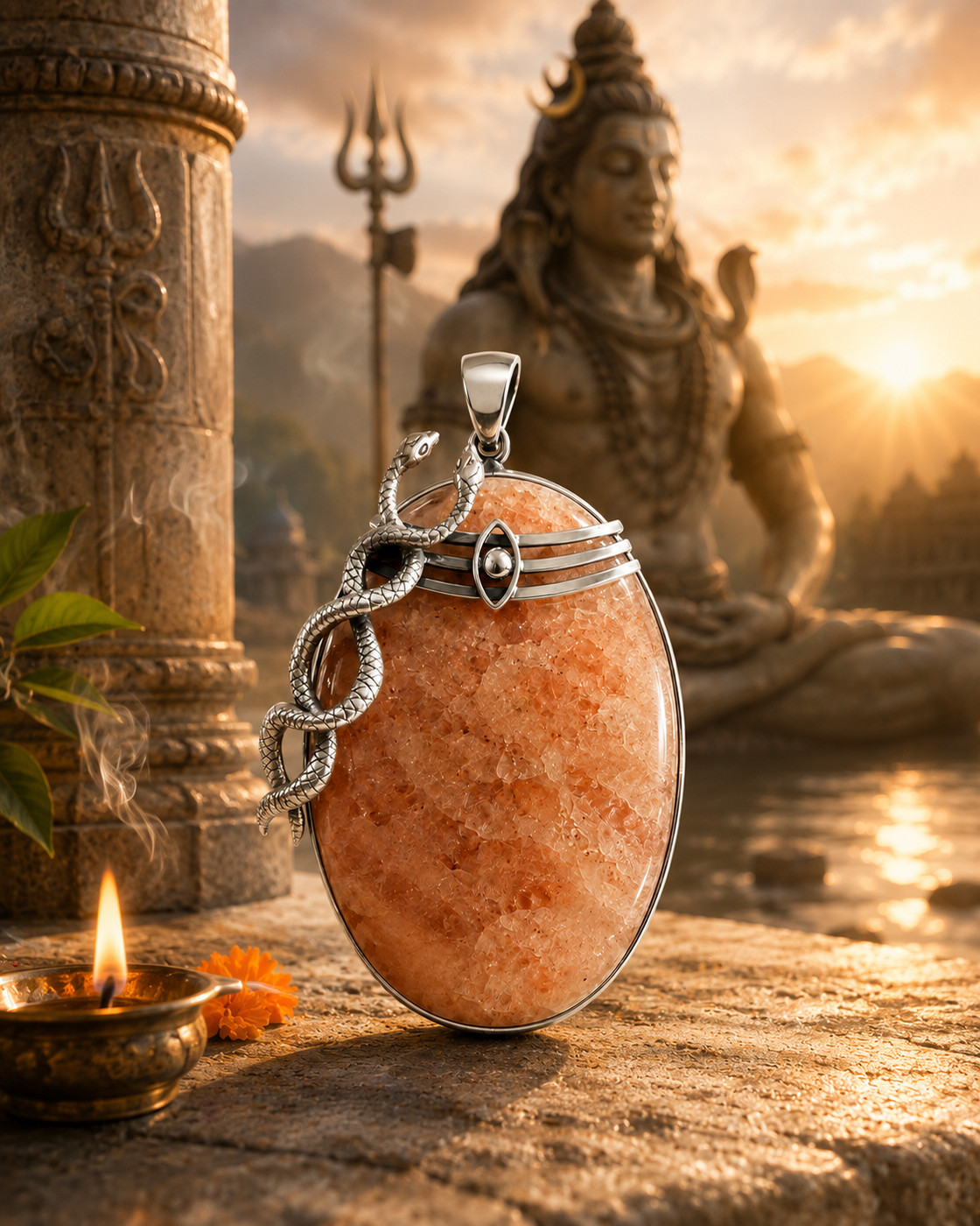 Sterling silver serpent and third-eye pendant set with a glowing sunstone cabochon, before a Shiva idol — Silver Play