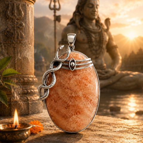 Sterling silver serpent and third-eye pendant set with a glowing sunstone cabochon, before a Shiva idol — Silver Play